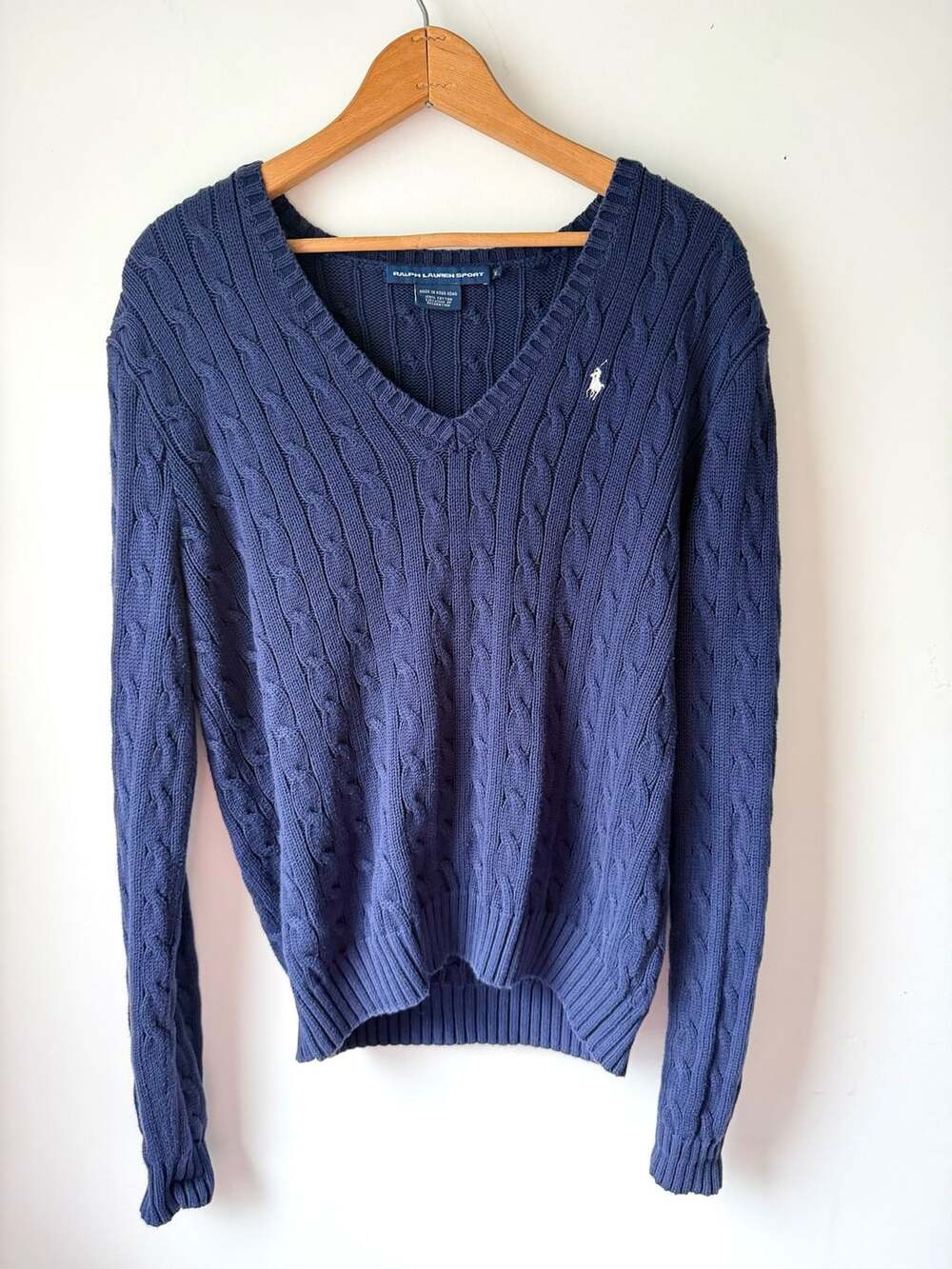 Vintage Ralph Lauren Sport Navy Cable Knit V-Neck Sweater Women's XL Cotton